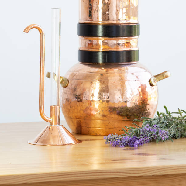 istock Distilling apparatus alembic with esential oil flowers. 1166158981