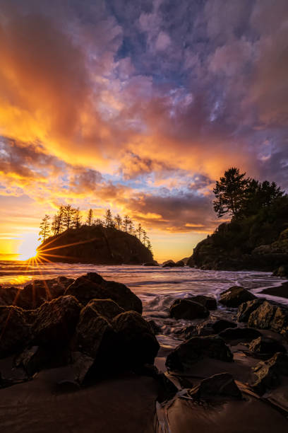 imagen en color de una hermosa puesta de sol con vistas al océano pacífico en el norte de california. - humboldt county california coastline island fotografías e imágenes de stock