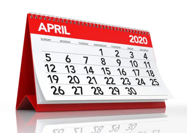 April 2020 Calendar. Isolated on White Background. 3D Illustration