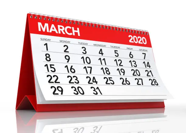 March 2020 Calendar. Isolated on White Background. 3D Illustration
