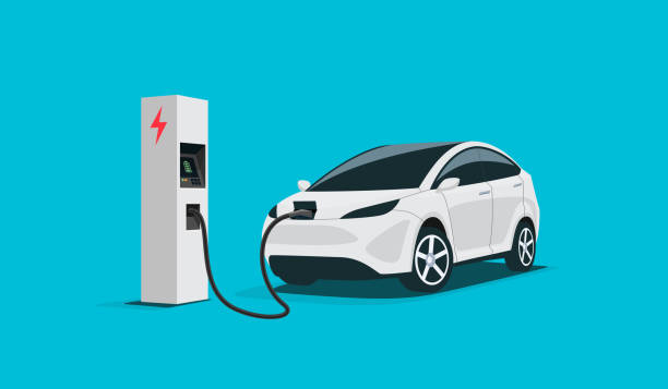 Modern Electric Car Charging Parking at the Charger Station Modern electric smart suv car charging parking at the charger station with a plug in cable. Isolated flat vector illustration concept on white background. Electrified future transportation e-motion. ev charging stock illustrations