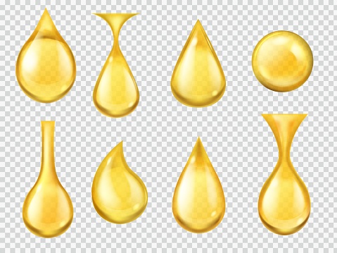 Realistic oil drops. Falling honey drop, gasoline yellow droplet. Gold capsule of liquid vitamin, dripping machine oil isolated clear nature transparent fuel motion vector