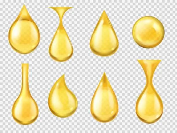 Vector illustration of Realistic oil drops. Falling honey drop, gasoline yellow droplet. Gold capsule of liquid vitamin, dripping machine oil isolated vector