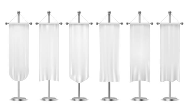 istock Hanging pennant. Blank white pennants banners, sports textile advertising flags, vertical canvas on flagpole vector mockups 1166160002
