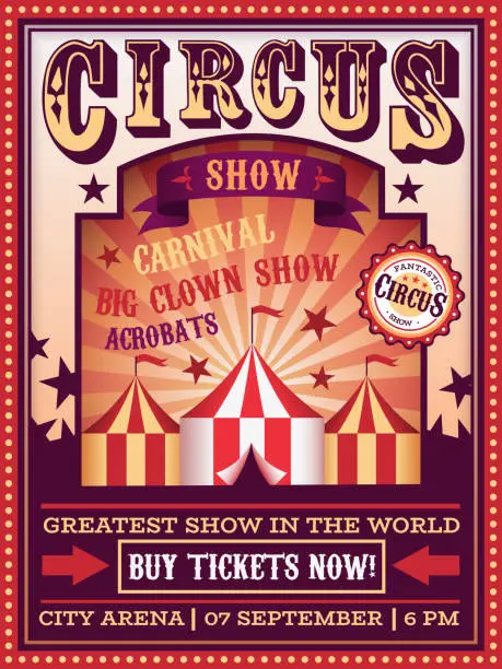 Vector illustration of Circus poster. Traveling circus with tent carnival festival magic show banner, retro invitation party flyer vector design