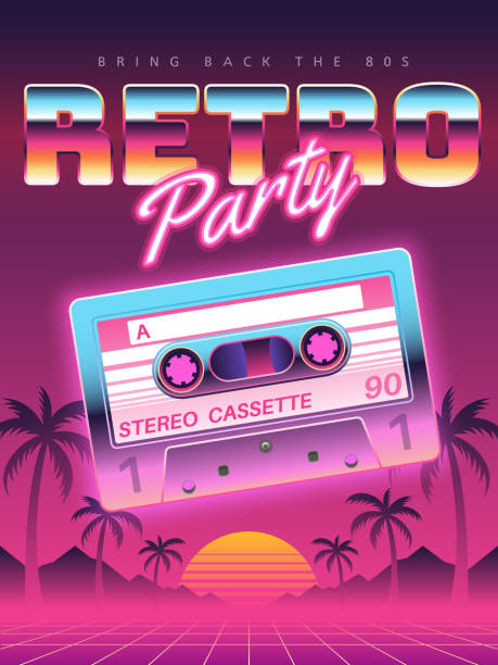 Retro party poster. Music of the nineties, vintage cassette tape and 90s  style. invitation card dancing party time advertisement poster background  illustration, Vector illustration in trendy 80-90s st Stock Vector