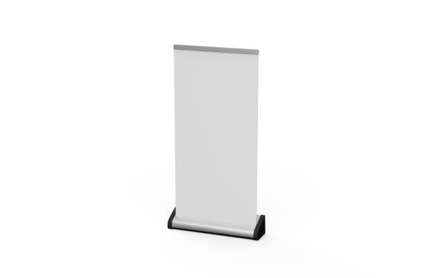 istock White blank empty business roll up and standee banner display mock up template for your design presentation, 3d illustration 1166160397
