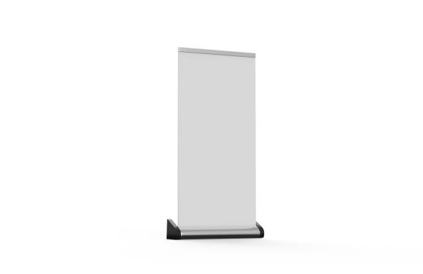 istock White blank empty business roll up and standee banner display mock up template for your design presentation, 3d illustration 1166160977