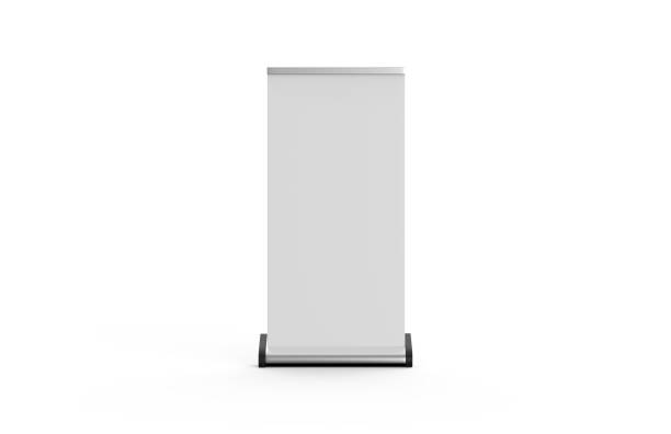 White blank empty business roll up and standee banner display mock up template for your design presentation, 3d illustration Mock Up, Standee, Template, Brochure, Three Dimensional roll up banner photos stock pictures, royalty-free photos & images