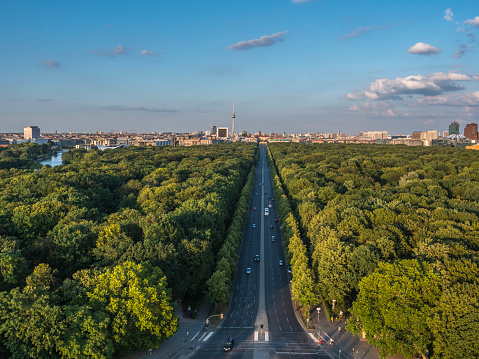 Berlin skyline with Tiergarten park in summer. Colourful Berlin skyline with tv-tower, Tiergarten and Potsdamer Platz  and brander burger tor