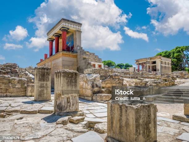 Knossos Palace Ruins At Crete Island Greece Famous Minoan Palace Of Knossos Stock Photo - Download Image Now