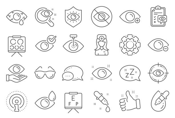 Optometry, Eye doctor line icons. Medical laser eye surgery, glasses and eyedropper. Vector Optometry, Eye doctor line icons. Medical laser surgery, glasses and eyedropper. Pink eye, Cataract surgery and allergy icons. Vision exam problem, optician board, oculist chart. Vector eye test equipment stock illustrations