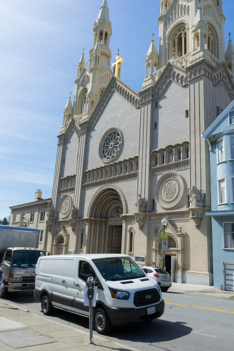 San Francisco,CA,USA - April 18,2018 : Beautiful architecture of St. Peter and Paul Catholic church in San Francisco,CA on April 18,2018.