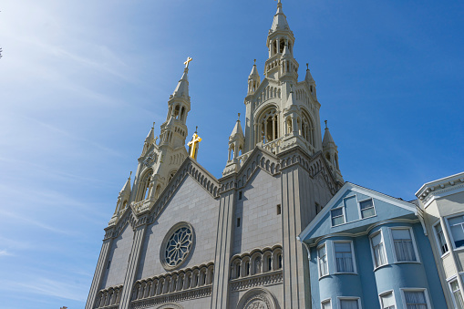 St Peter and Paul Church with blue sky in San Francisco, USA.