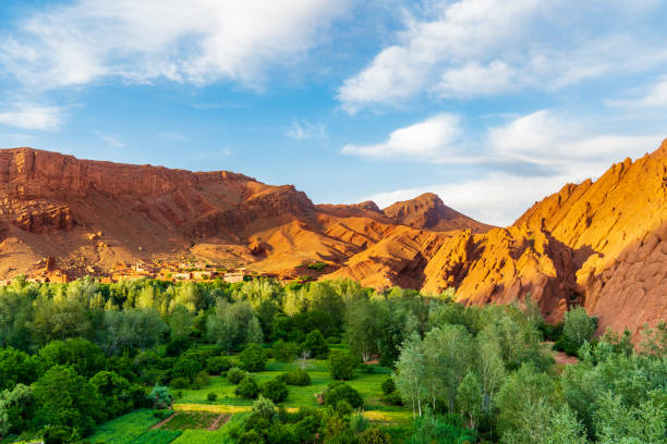 montagnes marocaines rouges d'atlas, et vallée avec des arbres verts. ciel nuageux bleu sur l'arrière-plan. - atlas mountains photos et images de collection