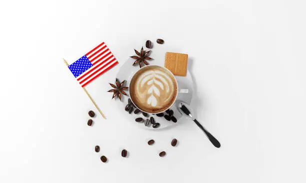 Photo of cup of coffee with coffee beans, saucer, spoon, cinnamon seeds, cookies and american flag as a simbol of national coffee day, isolated on a white background, 3d render