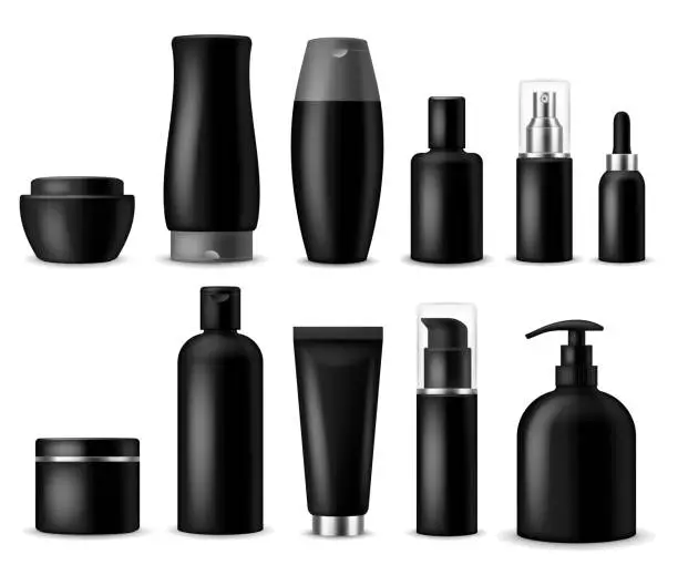 Vector illustration of Realistic cosmetic mockups. Black cosmetics bottle, container and jar. Women beauty products. Spray, soap and cream 3d vector package