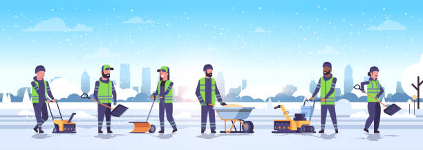 уборщики команды с исполь�зованием различных оборудования и инструментов уборки снега зимой уборка улиц концепции мужчин женщины в равном� - snow digging horizontal people stock illustrations