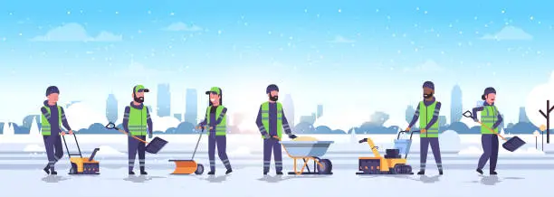 Vector illustration of cleaners team using different equipment and tools snow removal winter street cleaning service concept men women in uniform urban snowy park landscape background flat full length horizontal
