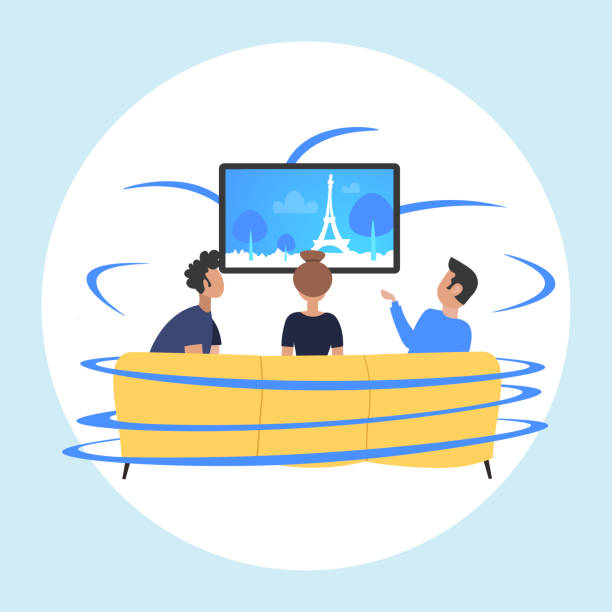 people sitting on sofa rear view friends watching famous landmarks tv travel show concept paris city silhouette on television flat portrait people sitting on sofa rear view friends watching famous landmarks tv travel show concept paris city silhouette on television flat portrait vector illustration friends television show stock illustrations