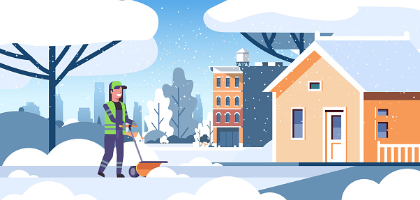 woman cleaner in uniform using handle snowplough snow removal service concept female worker cleaning residential house area flat full length vector illustration