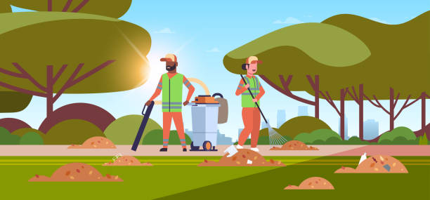 ilustrações de stock, clip art, desenhos animados e ícones de couple janitors gathering trash man using vacuum cleaner woman raking garbage cleaning service concept mix race cleaners working outdoor urban park landscape background full length horizontal - wasting time