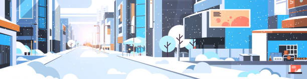 winter city snowy downtown street with skyscrapers business buildings sunshine cityscape background flat horizontal winter city snowy downtown street with skyscrapers business buildings sunshine cityscape background flat horizontal vector illustration snow storm city stock illustrations