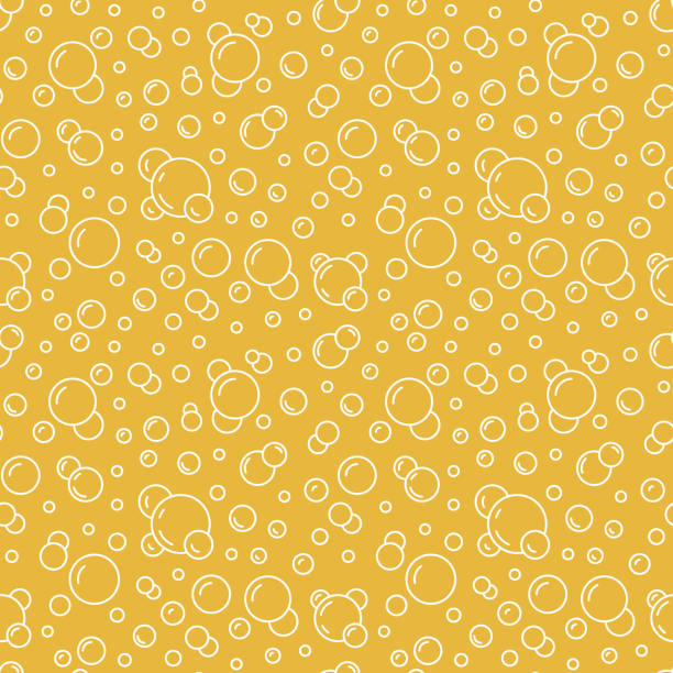 ilustraciones, imágenes clip art, dibujos animados e iconos de stock de burbujas vector patrón sin costura con iconos de línea plana. textura de cerveza de color blanco amarillo. fondo de agua fizzy, fondo de pantalla de soda abstracta - soda