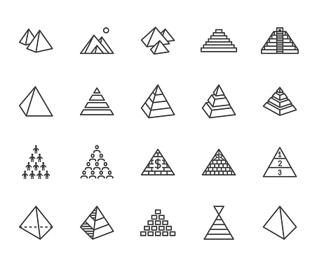 Pyramid flat line icon set. Egyptian monument, abstract process infographic, ponzi scheme, network marketing, leader concept vector illustrations, outline signs. Pixel perfect 64x64. Editable Strokes.