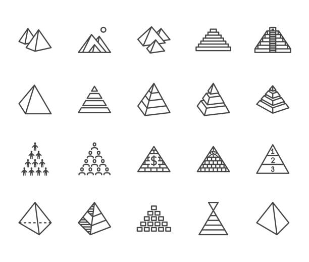 Pyramid flat line icon set. Egyptian monument, abstract process infographic, ponzi scheme, network marketing, leader concept vector illustrations, outline signs. Pixel perfect 64x64. Editable Strokes Pyramid flat line icon set. Egyptian monument, abstract process infographic, ponzi scheme, network marketing, leader concept vector illustrations, outline signs. Pixel perfect 64x64. Editable Strokes. cairo africa egypt built structure stock illustrations