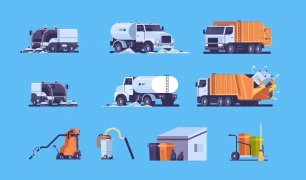 Vector illustration of set different industrial heavy transport and equipment collection professional street cleaning concept flat horizontal