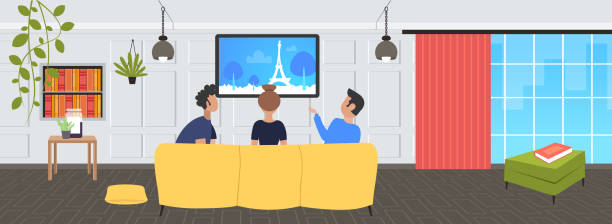 people sitting on sofa rear view friends watching famous landmarks tv travel show concept paris city silhouette on television modern living room interior flat portrait horizontal people sitting on sofa rear view friends watching famous landmarks tv travel show concept paris city silhouette on television modern living room interior flat portrait horizontal vector illustration friends television show stock illustrations