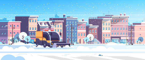 bildbanksillustrationer, clip art samt tecknat material och ikoner med snow plog truck rengöring urbana bostadsområde gator vinter snöröjning koncept moderna stadsbyggnader stadsbilden bakgrund platt horisontell - winter storm