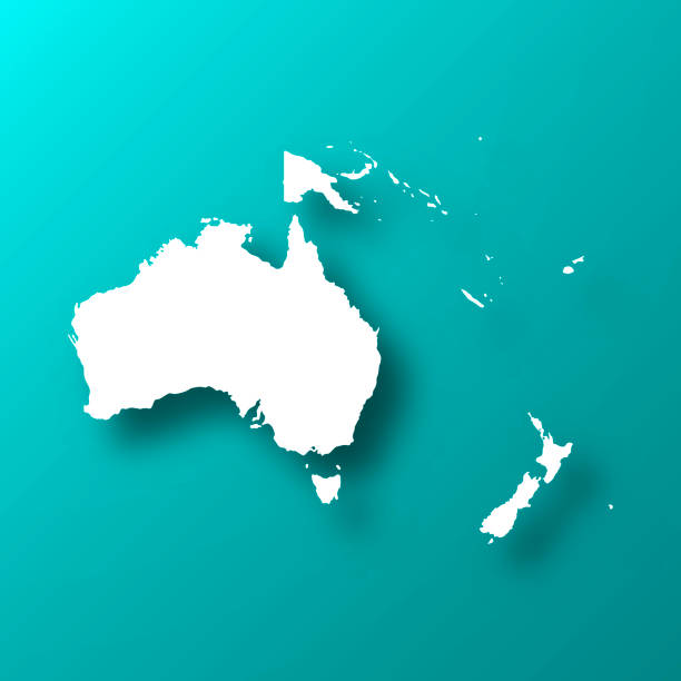 Oceania map on Blue Green background with shadow White map of Oceania isolated on a trendy color, a blue green background and with a dropshadow. Vector Illustration (EPS10, well layered and grouped). Easy to edit, manipulate, resize or colorize. australasia stock illustrations