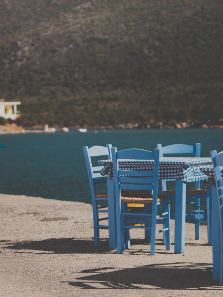 istock Open cafe outdoor restaurant in Greece on sea shore 1166171597