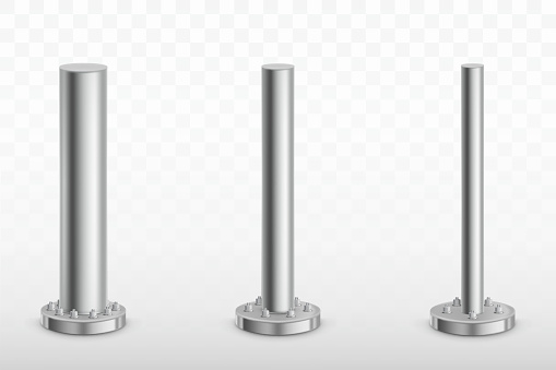 Metal pole pillars set, steel pipes of different diameters bolted on round base isolated on transparent background. Cylinder footings for road sign, banner, billboard. Realistic 3d vector illustration