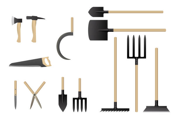 Garden work tools collection. Garden work tools collection. Vector illustration. Set of horticulture equipment. trowel gardening shovel gardening equipment stock illustrations