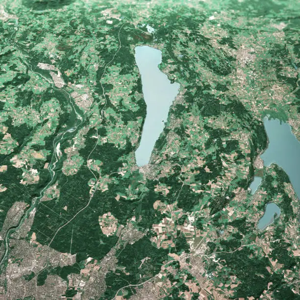 3D Render of a Topographic Map of the Starnberger See, Bavaria, Germany.
All source data is in the public domain.
Contains modified Copernicus Sentinel data (Jul 2019) courtesy of ESA. URL of source image: https://scihub.copernicus.eu/dhus/#/home.
Relief texture SRTM data courtesy of NASA. URL of source image: https://search.earthdata.nasa.gov/search/granules/collection-details?p=C1000000240-LPDAAC_ECS&q=srtm%201%20arc&ok=srtm%201%20arc