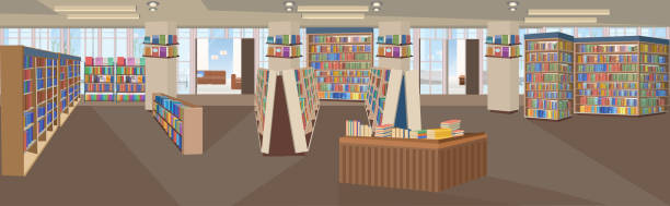 illustrazioni stock, clip art, cartoni animati e icone di tendenza di interno biblioteca moderna vuoto senza persone libreria con librerie vista panoramica piatta orizzontale - bookstore