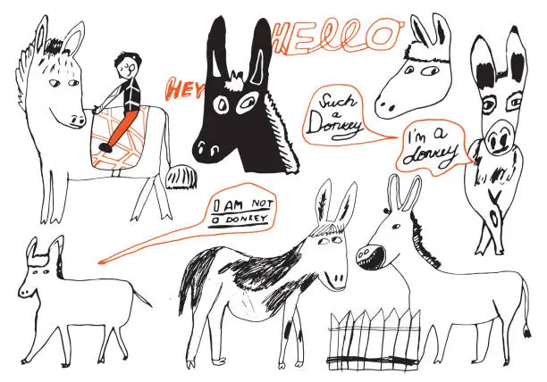 Vector illustration of Set of hand drawn donkeys