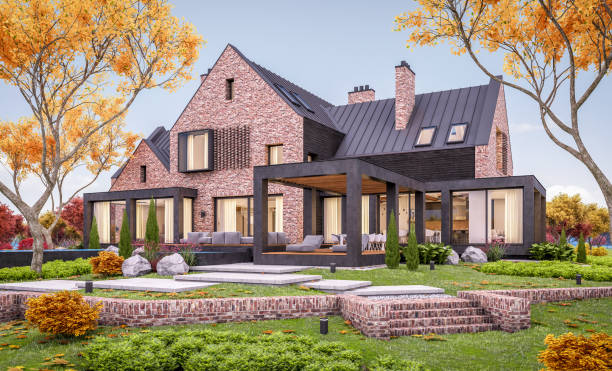 istock 3d rendering of modern clinker house on the ponds with pool in autumn evening 1166185332
