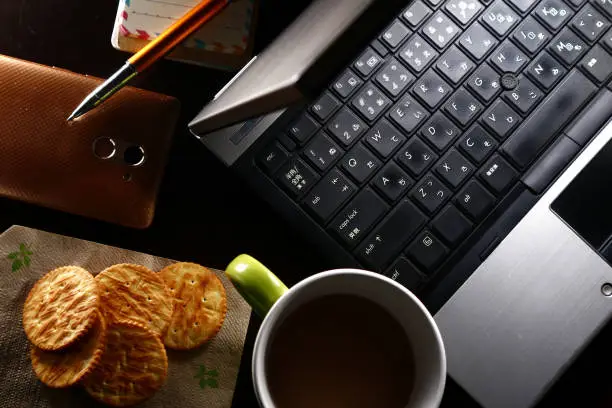 Overhead photo of laptop computer, cup of coffee, ballpen, notebook, crackers, and a smartphone