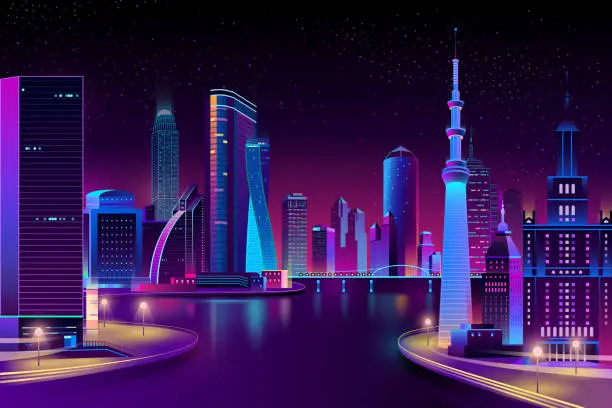 Vector illustration of Vector modern city on river at night