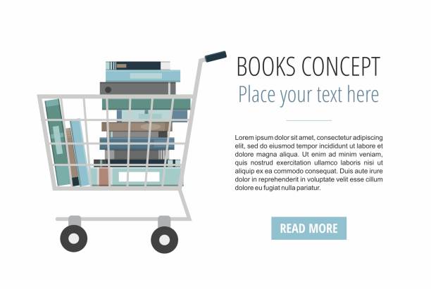 Books inside shopping cart on white. Discount books web banner. Books inside shopping cart on white. Discount books web banner. Vector Illustration book bookstore sale shopping stock illustrations