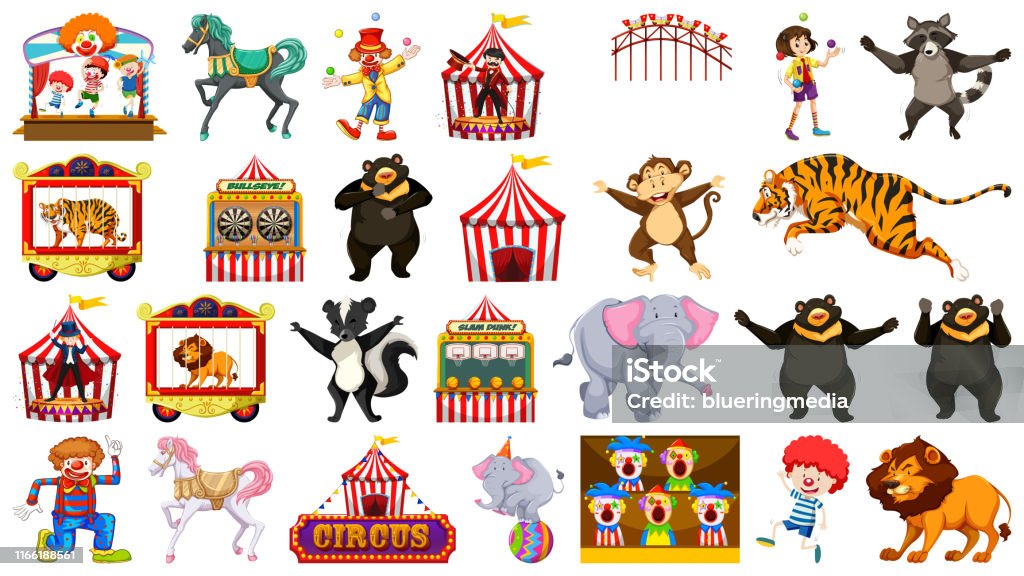 Huge Circus Collection With Mixed Animals People Clowns And Rides Stock  Illustration - Download Image Now - iStock