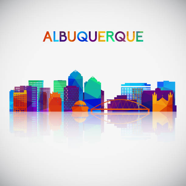 ilustrações, clipart, desenhos animados e ícones de silhueta da skyline de albuquerque no estilo geométrico colorido. símbolo para seu projeto. ilustração do vetor. - albuquerque new mexico skyline building exterior