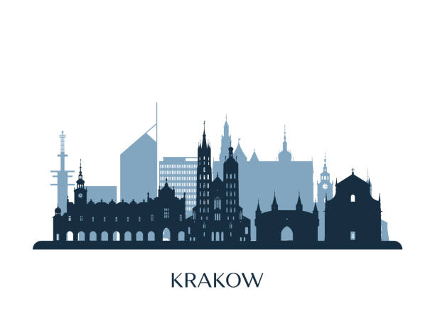 ilustrações de stock, clip art, desenhos animados e ícones de krakow skyline, monochrome silhouette. vector illustration. - architecture art backgrounds church