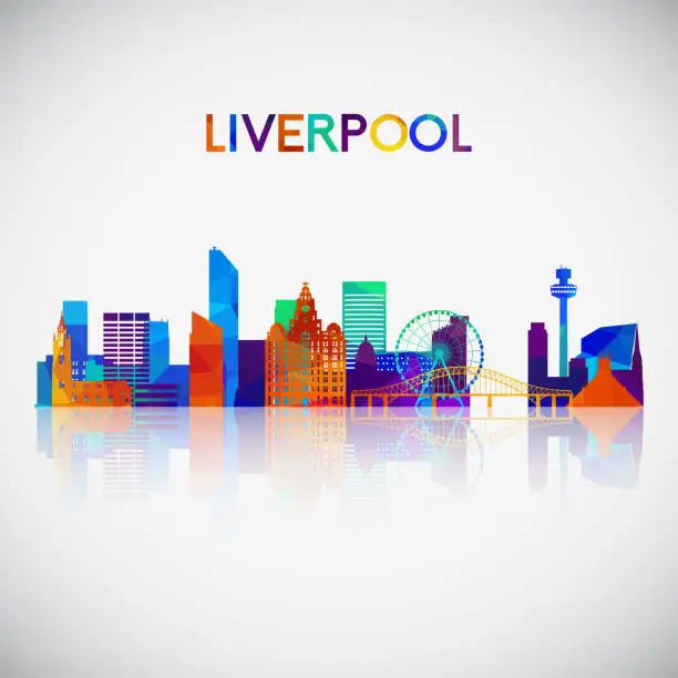 Vector illustration of Liverpool skyline silhouette in colorful geometric style. Symbol for your design. Vector illustration.