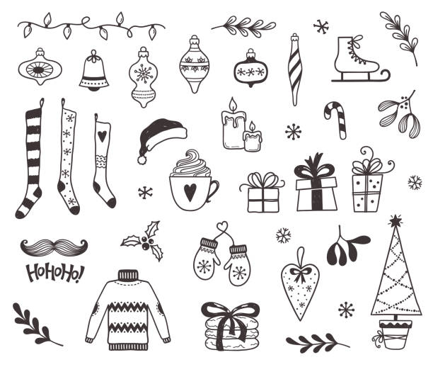 Christmas doodles Set of Christmas and winter design elements in doodle style christmas drawings stock illustrations