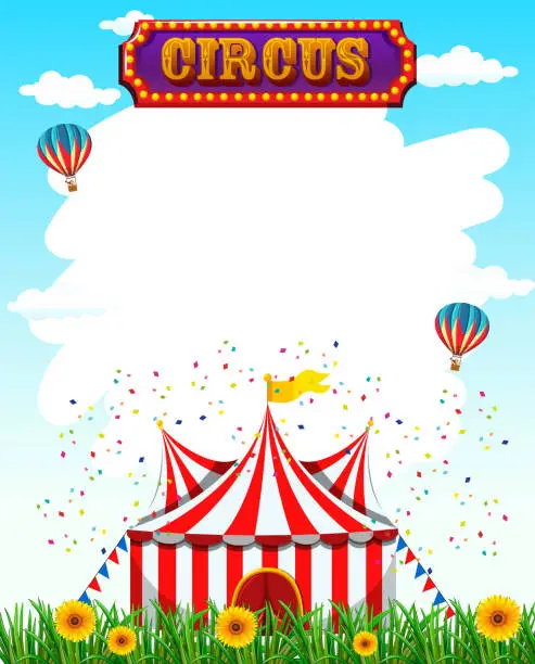 Vector illustration of Circus template with sign, tent, grass and flowers